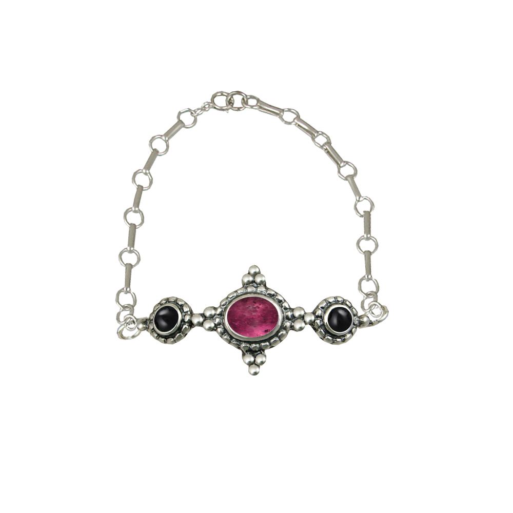 Sterling Silver Gemstone Adjustable Chain Bracelet With Pink Tourmaline And Black Onyx